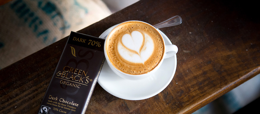 Green and Blacks's Dark chocolate slab and a cup of coffee